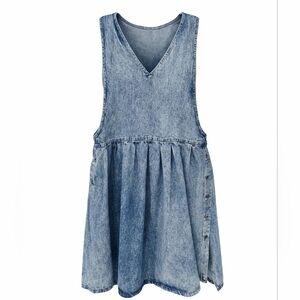 Vintage 80 90 Acid Wash Denim Drop Waist Button Sides Overall Jumper Dress MED.